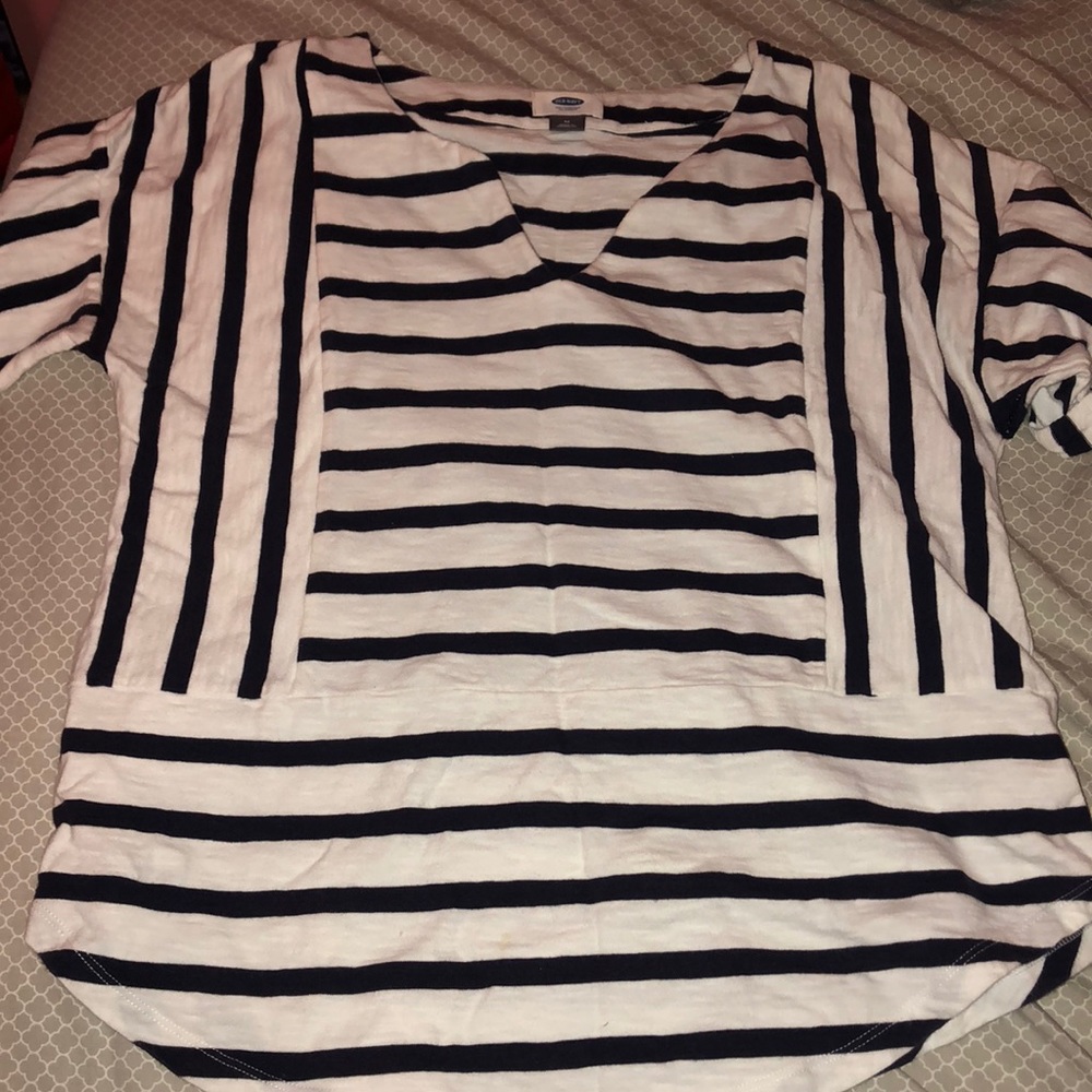Navy and white striped v-neck